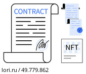 Digital scroll labeled Contract with signature, alongside an agreement featuring a checkmark and an NFT document. Ideal for digital agreements, blockchain technology, authenticity, legal documents. Digital Smart Contract with Signed Scroll and NFT Representation. Стоковая иллюстрация, агентство Ingram Publishing / Фотобанк Лори