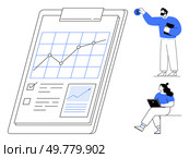 Large clipboard with upward-trending growth chart, one person holding document, another using laptop. Ideal for business, finance, presentations, reporting, strategy planning, success forecasting. Business professionals analyzing financial growth chart with progress line and charted data. Стоковая иллюстрация, агентство Ingram Publishing / Фотобанк Лори