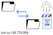 Two folders with bidirectional arrows indicating data transfer next to a smartphone shopping app with a gear icon. Ideal for digital marketing, data management, online shopping, automation, mobile. E-commerce Data Transfer and Automation Processes. Стоковая иллюстрация, агентство Ingram Publishing / Фотобанк Лори