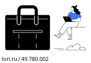 Woman using a laptop while sitting on a bench, large briefcase adjacent. Ideal for remote work, productivity, business, technology, mobile computing, freelance, and career themes. Line metaphor. Woman with Laptop Sitting on Bench Next to Large Briefcase, Concept of Work Anywhere. Стоковая иллюстрация, агентство Ingram Publishing / Фотобанк Лори