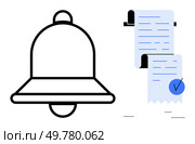 Black outlined bell icon and blue checklist indicating notifications and task management. Ideal for reminders, alerts, notifications, tasks, organization. Minimalist modern style. Notification Bell with Checklist Icon Representing Alerts and To-Do Lists. Стоковая иллюстрация, агентство Ingram Publishing / Фотобанк Лори