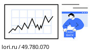 Line graph showing financial growth alongside a person holding a cashback sign. Ideal for finance, investments, cashback programs, business growth, and marketing. Clean simple design. Financial Growth Chart with Cashback Reward Concept in Blue and White Theme. Стоковая иллюстрация, агентство Ingram Publishing / Фотобанк Лори