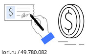 Hand holding a pen is signing a check beside a large dollar coin symbol. Ideal for financial services, banking, business transactions, payroll, accounting, money management, online payments. Banner. Hand Signing a Check Next to a Dollar Coin Symbol, Representing Payment and Financial Transactions. Стоковая иллюстрация, агентство Ingram Publishing / Фотобанк Лори