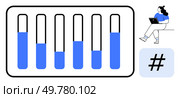 Bar chart with varying levels, woman working on laptop, metadata tag symbol. Ideal for business analytics, data analysis, social media strategies, digital marketing, education, presentations. Woman with Laptop Analyzing Bar Chart Data and metadata tag Symbol for Social Media Analytics. Стоковая иллюстрация, агентство Ingram Publishing / Фотобанк Лори