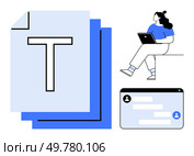 Woman typing on laptop, large document icons, and user chat interface. Ideal for telecommuting, content creation, digital communication, document sharing, online education, virtual collaboration. Remote work setup with texting on laptop, document management, online chatting. Стоковая иллюстрация, агентство Ingram Publishing / Фотобанк Лори