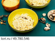 Traditional Ukrainian millet porridge with mushrooms in a ceramic dish.. Pearl millet with fried mushrooms. Стоковое фото, агентство Ingram Publishing / Фотобанк Лори
