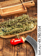 Dried medicinal plant wormwood or sagebrush, herbal medicine on wooden table on rustic background.. Dried wormwood, Chinese herbal medicine. Стоковое фото, агентство Ingram Publishing / Фотобанк Лори