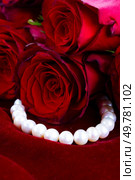 Crimson red rose flowers bouquet with pearls, Valentine’s Day background. Crimson red rose flowers. Стоковое фото, агентство Ingram Publishing / Фотобанк Лори