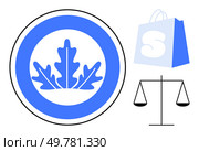 Blue leaf emblem within a circle, shopping bag with an S, and justice scales. Ideal for representing nature, commerce, balance, ethics, and sustainability. Clean and minimal style. Blue Leaf Emblem, Shopping Bag, and Scales Symbolizing Nature, Commerce, and Justice. Стоковая иллюстрация, агентство Ingram Publishing / Фотобанк Лори