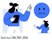A person holding a tablet and making a pointing gesture, with a blue neutral face emotion in the background. Ideal for education, communication, instructions, technology, digital learning. Minimalist. Educator Gesturing and Neutral Face emotion Communicating Instructions. Стоковая иллюстрация, агентство Ingram Publishing / Фотобанк Лори