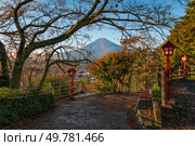 View of Mount Fuji from the Arakurayama Sengen Park on a sunny autumn day, Fujiyoshida, Yamanashi Prefecture, Japan. Стоковое фото, фотограф Ula Ulachka / Фотобанк Лори