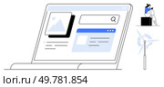 Laptop shows content management screen, person engaged on smartphone nearby, wind turbine illustrating renewable energy. Ideal for digital marketing, content management, remote work, renewable. Digital Content Creation Represented with Laptop, Individual on Phone, and Wind Turbine. Стоковая иллюстрация, агентство Ingram Publishing / Фотобанк Лори