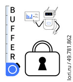 Robot presenting bar chart data with padlock and buffer scale. Ideal for technology, cybersecurity, data analysis, performance optimization, AI, educational material, and business presentations. Line. Robot presenting data with a bar chart, large padlock, and buffer scale emphasizing security and performance. Стоковая иллюстрация, агентство Ingram Publishing / Фотобанк Лори