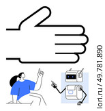 Oversized hand signaling a woman raising her finger, and a robot gesturing. Ideal for communication, teamwork, technology, human-robot interaction, guidance, innovation, and support themes. Line. Oversized Hand with Woman Pointing Upward and Friendly Robot Communicating. Стоковая иллюстрация, агентство Ingram Publishing / Фотобанк Лори
