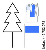 Tree outline next to a flag and clothing rack with blue and white garments. Ideal for retail, Christmas sales, seasonal promotions, design inspiration, eco-friendly marketing, minimalist designs. Minimalist Tree Outline with Blue Flag and Hanging Clothes on Rack for Seasonal Promotions. Стоковая иллюстрация, агентство Ingram Publishing / Фотобанк Лори
