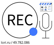 Microphone beside recording symbol and a web page showing audio editing interface. Ideal for podcast creation, online recording, audio editing, voiceovers, webinars, media production, and digital. Podcast Recording Concept with Microphone, Recording Symbol, and Web Interface. Стоковая иллюстрация, агентство Ingram Publishing / Фотобанк Лори