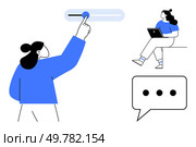 Person interacts with slider control while another works on a laptop. Speech bubble implies communication. Ideal for digital collaboration, user interaction, remote work, tech tutorials, online. Digital Collaboration with Slider Control Interface and Communication Elements. Стоковая иллюстрация, агентство Ingram Publishing / Фотобанк Лори