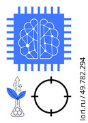 Blue microchip with brain diagram, biotech flask with leaves, and black target reticle depicting AI, biotechnology, and precision. Ideal for technology, innovation, biotechnology, AI research. AI Neural Network, Biotechnology Flask, and Target Reticle Representing Tech Innovation. Стоковая иллюстрация, агентство Ingram Publishing / Фотобанк Лори