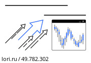 Arrows pointing upward beside a financial chart in a browser window. Ideal for financial growth, market trends, stock analysis, business forecasting, investment strategies, economic progress, success. Arrows illustrating upward trend beside financial chart in a browser window highlighting market analysis. Стоковая иллюстрация, агентство Ingram Publishing / Фотобанк Лори