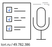 Checklist with blue checkmarks for podcast recording tasks beside a black microphone icon. Ideal for content creation, organization, productivity, task management, podcast planning, creative. Recording Podcast Sessions with Checklist and Microphone for Efficient Podcast Production. Стоковая иллюстрация, агентство Ingram Publishing / Фотобанк Лори