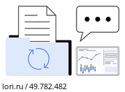 Document in a folder with refresh symbol, data analysis chart, and speech bubble with ellipsis. Ideal for data management, analytics, business communication, workflow automation, project. Document Management with Data Analysis and Communication Elements for Effective Workflow. Стоковая иллюстрация, агентство Ingram Publishing / Фотобанк Лори