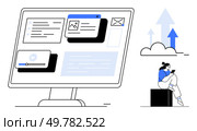 Desktop screen displaying various digital widgets, a woman sitting while using a mobile device, upward arrows. Ideal for business, technology, productivity, remote work, digital marketing. Digital workspace with webpage widgets and businesswoman multitasking on the go with upward arrows. Стоковая иллюстрация, агентство Ingram Publishing / Фотобанк Лори