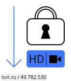 Downward blue arrow next to black padlock and blue HD video download icon. Ideal for digital security, media protection, online streaming, encrypted downloads, content safeguarding, data privacy. Digital Security for HD Video Downloads with Padlock and Downward Arrow. Стоковая иллюстрация, агентство Ingram Publishing / Фотобанк Лори