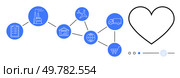 Network of interconnected icons representing supply chain steps, including factory, warehouse, airplane, truck, marketplace, clipboard, and heart. Ideal for business management logistics. Supply Chain and Logistics Network Illustrated by Icons and Connected Nodes. Стоковая иллюстрация, агентство Ingram Publishing / Фотобанк Лори