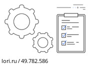 Two gears beside a clipboard with checklist and checkmarks, signifying efficiency and productivity. Ideal for project planning, workflow optimization, productivity tools, business processes, task. Project Management Checklist with Gears Symbolizing Workflow and Task Completion. Стоковая иллюстрация, агентство Ingram Publishing / Фотобанк Лори
