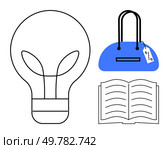 Light bulb outline representing ideas, blue handbag with tag symbolizing fashion, and open book denoting knowledge. Ideal for creativity, innovation, fashion industry, education, retail, ideas. Light Bulb, Handbag, and Open Book Inventive and Knowledge Pursuit in Innovation and Fashion. Стоковая иллюстрация, агентство Ingram Publishing / Фотобанк Лори