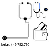  Stethoscope entwined with a credit card exiting a wallet. Ideal for healthcare costs, medical billing, financial management, health services, insurance, medical fees, economic burden. Line.  Stethoscope and Wallet Representation of Medical Expenses and Financial Management in Healthcare . Стоковая иллюстрация, агентство Ingram Publishing / Фотобанк Лори