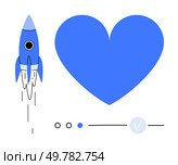 Rocket launching alongside a large heart. Ideal for tech innovation, startups, aerospace, love, passion progress inspiration themes. Line metaphor. Simple line icons. Blue rocket launching and a large blue heart symbolizing love and progress. Стоковая иллюстрация, агентство Ingram Publishing / Фотобанк Лори