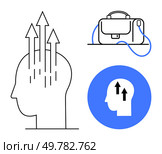 Head silhouette with upward arrows, briefcase with handle, and head icon inside blue circle with arrows. Ideal for business, career growth, personal development, learning, motivation, leadership. Growth mindset concept with head silhouette, briefcase, and upward arrows symbolizing progress and development. Стоковая иллюстрация, агентство Ingram Publishing / Фотобанк Лори