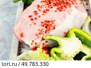 Spices on sliced raw pork meat, assorted raw meats for barbecuing.. A photo of raw pork on the table. Стоковое фото, агентство Ingram Publishing / Фотобанк Лори
