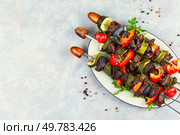 Delicious grilled meat skewers garnished with fresh vegetables, deer skewers. Venison meat. Free space for your text.. Deer or roe skewers or kebabs, recipe place. Стоковое фото, агентство Ingram Publishing / Фотобанк Лори