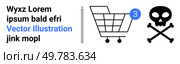Shopping cart with notification, lorem ipsum text in black, pencil in grey, skull and crossbones in black. Ideal for e-commerce, notifications, education, warnings, minimalistic design, UXUI. Shopping Cart with Notification, Text, Pencil, and Skull Icon, Minimalist Vector Design. Стоковая иллюстрация, агентство Ingram Publishing / Фотобанк Лори