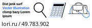Magnifying glass, calculator, and handbag in minimalist design with text placeholder. Ideal for business, finance, education, shopping, online stores, search engines, corporate presentations. Landing. Magnifying Glass, Calculator, and Handbag Icons with Sample Text in Black and Blue. Стоковая иллюстрация, агентство Ingram Publishing / Фотобанк Лори