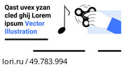 Hand holding a fidget spinner accompanied by a musical note and abstract text elements. Ideal for stress relief themes, music-related content, educational material, creative designs, modern art. Hand Holding Fidget Spinner with Musical Note and Abstract Text Elements. Стоковая иллюстрация, агентство Ingram Publishing / Фотобанк Лори