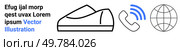 Shoe icon, telephone receiver with sound waves, globe symbol, placeholder text. Ideal for technology, communication, global connectivity, website design, user interfaces, ecommerce, branding Landing. Modern Design Elements Featuring Shoe, Telephone Symbol, and Globe Icon for Digital Platforms. Стоковая иллюстрация, агентство Ingram Publishing / Фотобанк Лори