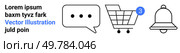 Shopping cart with item count, notification bell, chat bubble with three dots for messages. Ideal for e-commerce, notifications, messaging, online shopping, digital communication, websites, apps. Shopping Cart, Notification Bell, and Chat Bubble with Unread Messages Indicator. Стоковая иллюстрация, агентство Ingram Publishing / Фотобанк Лори