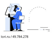 Worker in protective gear operates a machine control panel. Ideal for technology, industrial automation, manufacturing processes, safety protocols, technical training, factory operations. Worker operating a machine control panel in industrial setting with abstract dotted line pattern. Стоковая иллюстрация, агентство Ingram Publishing / Фотобанк Лори
