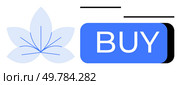 Blue BUY button next to stylized flower icon with minimalist lines and subtle gradient. Ideal for e-commerce, digital marketing, retail, call-to-action prompts, user interface design, online sales. Blue Buy Button with Modern Floral Motif and Minimalist Design Elements. Стоковая иллюстрация, агентство Ingram Publishing / Фотобанк Лори