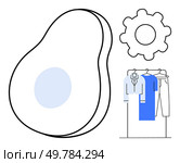 Avocado and gear icon with clothes hanging on rack. Ideal for healthy lifestyle, efficiency, technology, fashion, nutrition, wellness, minimalism themes. Line metaphor. Avocado, Gear, and Clothing Rack Illustration Representing Healthy Lifestyle and Efficiency. Стоковая иллюстрация, агентство Ingram Publishing / Фотобанк Лори
