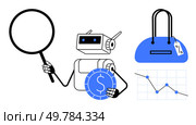 Robot holding magnifying glass, dollar sign coin, handbag with price tag, and declining graph. Ideal for market analysis, AI technology, finance, retail, fashion industry trend analysis business. AI robot analyzing market trends with magnifying glass, focusing on currency and fashion industry with a graph. Стоковая иллюстрация, агентство Ingram Publishing / Фотобанк Лори