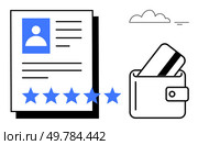 Resume with profile, five blue stars, and wallet with credit card. Ideal for employability, customer service, recruiting, finance, online services marketing satisfaction assessment. Line metaphor. Customer Satisfaction Concept with Resume, Rating Stars, and Wallet Featuring Credit Card. Стоковая иллюстрация, агентство Ingram Publishing / Фотобанк Лори