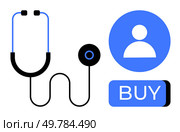 Stethoscope next to user icon and buy button symbolizes online healthcare access and telemedicine services. Ideal for healthcare, telemedicine, insurance, e-commerce, medical apps, virtual. Health service availability concept with stethoscope and buy button symbolizing telemedicine programs. Стоковая иллюстрация, агентство Ingram Publishing / Фотобанк Лори