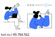 Person sitting with a laptop and telescope, another pointing at digital interface elements. Ideal for business strategy, technology, education, remote work, innovation, exploration, project. Two individuals in blue and white, one with a laptop and telescope, other pointing at interface insets. Стоковая иллюстрация, агентство Ingram Publishing / Фотобанк Лори