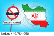 Vector graphic map of Islamic Republic of Iran. Strait of Hormuz and prohibitory 3d sign. Prohibition on movement of oil tankers. Iranian ban. Стоковая иллюстрация, иллюстратор GAlexS / Фотобанк Лори