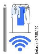 Wardrobe with hanging clothes beside a pencil and a blue wireless signal. Ideal for fashion, technology integration, creativity, modern lifestyle, remote work, design, smart home. Line metaphor. Connected Clothing Wardrobe with Wireless and Creativity Concept Illustrated by Clothing and Pencil. Стоковая иллюстрация, агентство Ingram Publishing / Фотобанк Лори