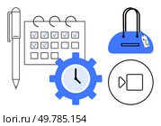 Calendar with checkmarks, pen, blue gear with clock, handbag with tag, and play button icon. Ideal for time management, productivity, organization planning scheduling retail and media. Line. Productivity Icons Including Calendar with Checkmarks, Gear with Clock, Pen, Handbag, and Play Button. Стоковая иллюстрация, агентство Ingram Publishing / Фотобанк Лори